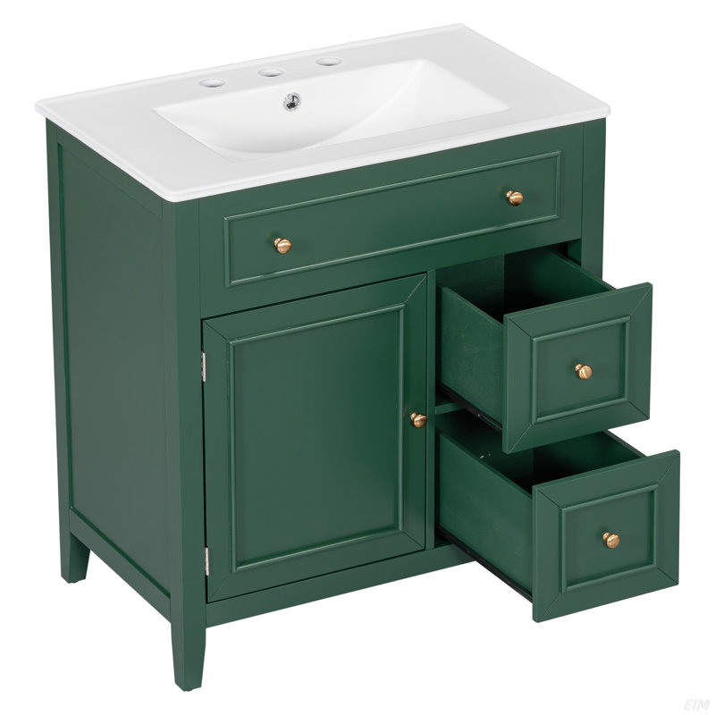 Meuble-lavabo 30 po avec comptoir, meuble-lavabo avec porte et deux tiroirs, structure en bois massif, Vert
