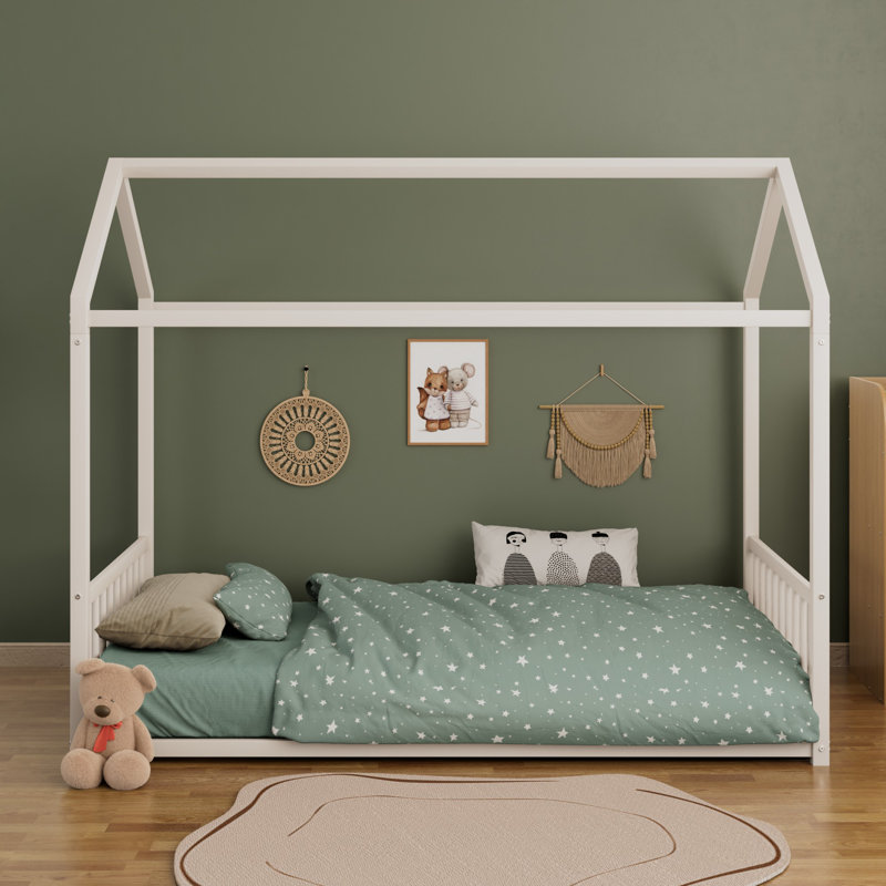 Structure de lit de style Montessori, lit en forme de maison avec barrières de sécurité verticales, assemblage facile, sans lattes