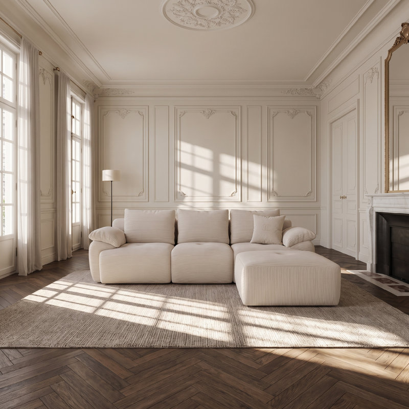 Dark Grey L-Shaped Modular Sofa, No Assembly Compressed Foam Cloud Couch with Corduroy, 264cm, 2 Boxes, Beige
