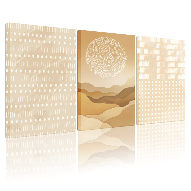 Ensemble de 3 tableaux sur toile à motifs circulaires représentant un paysage désertique, idéal pour décorer un salon, une chambre ou un bureau.