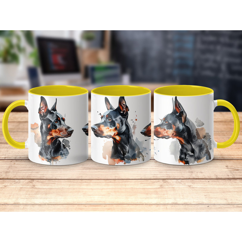 11oz Watercolour Doberman Design Coffee Mug, 2, Yellow