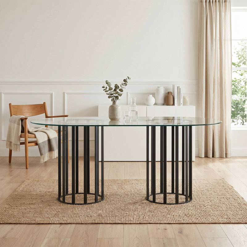 Table de salle à manger ovale en verre trempé de luxe avec base double colonne, Noir