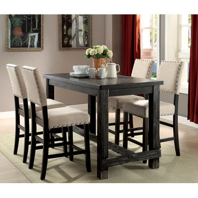 Antique Black Bold Distressed 1Pc Counter Height Dining Table Dining Room Furniture Center Beam For Support / Footret