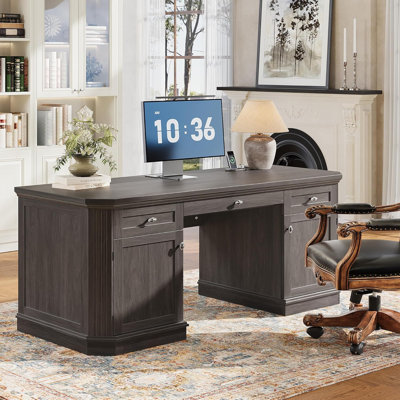 Bureau de direction classique 59 po avec rangement, bureau de direction victorien avec station de charge, plateau à clavier, 3 tiroirs et 2 armoires de rangement et 2 piédestaux, facile à assembler, noir