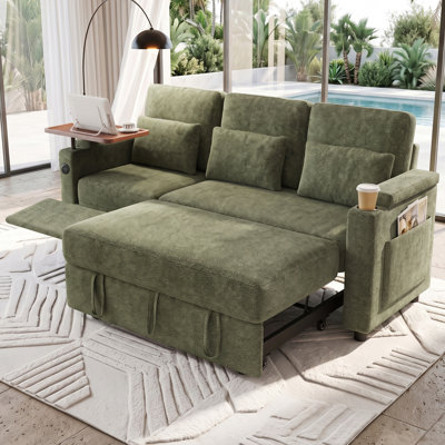 Canapé-lit convertible 3 places Aufak 83 po en chenille avec fauteuil inclinable électrique, ports de chargement USB, tablette latérale, porte-gobelet et rangement, vert