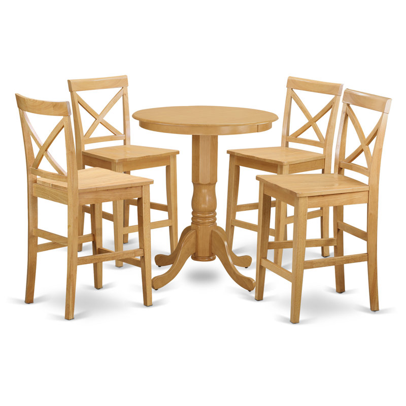 5 Piece Counter Height Pub Set Includes a Round Dining Table with Pedestal and 4 Kitchen Chairs, Oak, Wooden