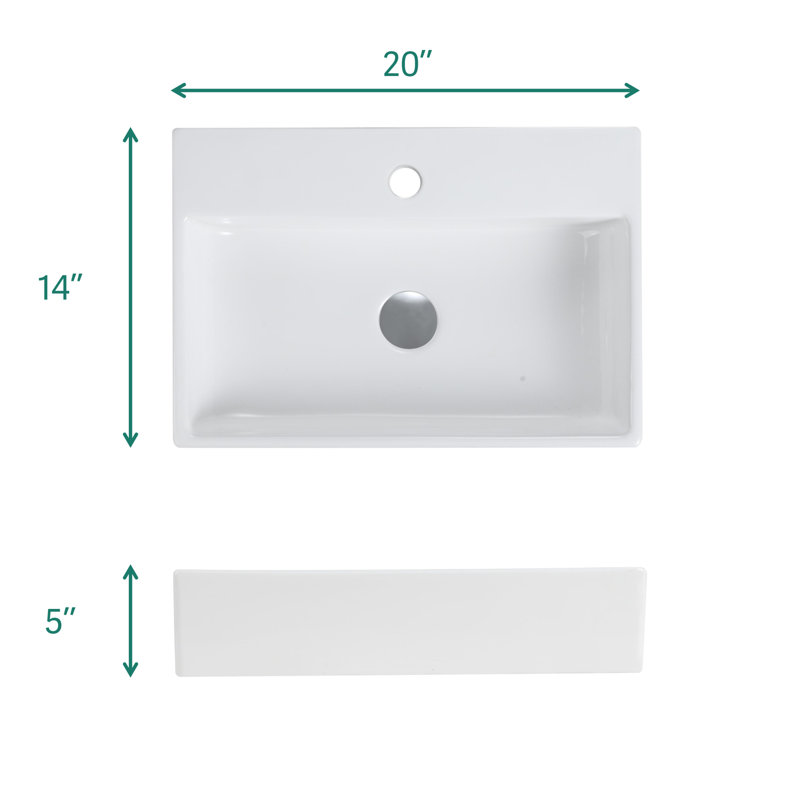 Lavabo de salle de bain intégré en céramique avec trop-plein et trou de robinet 20 po x 14 po