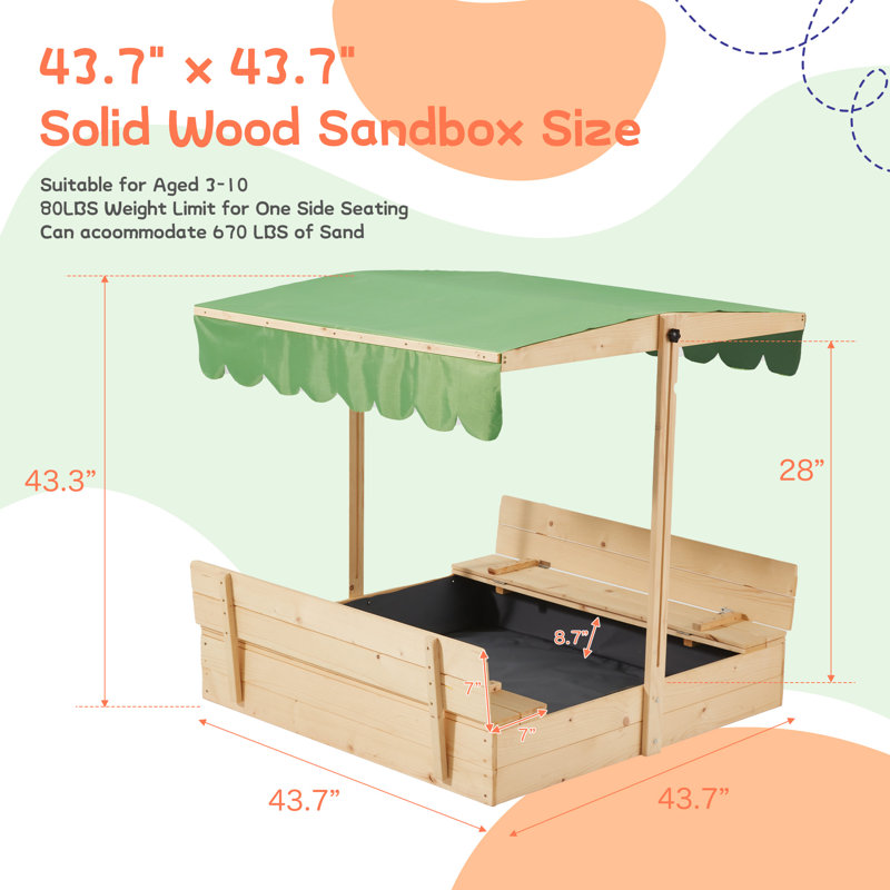 EROMMY 43.7'' x 43.3'' Solid Wood Square Sandbox with Cover