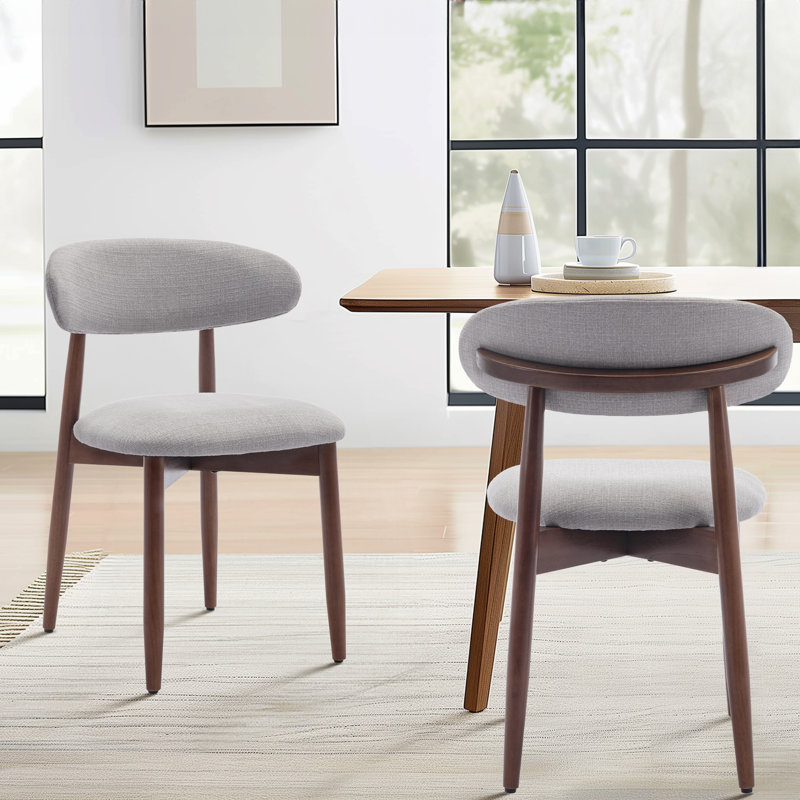  Solid Wood Upholstered Dining Chair - Ergonomic Curved Back, Comfort Fabric, Light Grey, Walnut