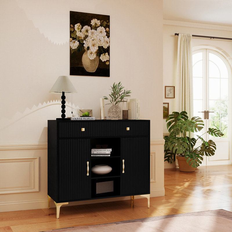 39.4" Black Modern Accent Cabinet with 2 Drawers & 2 Doors, Freestanding Storage Cabinet with Adjustable Shelves, Gold Metal Legs & Handles, Sideboard Buffet Cabinet for Living Room, Entryway, Bedroom, Pantry