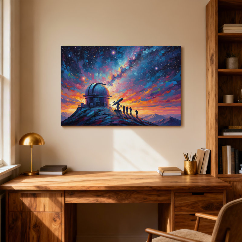 Paysage et nature, ciel étoilé, observatoire, montagne, silhouettes, coucher de soleil, galaxie, H 20 po x l 30 po