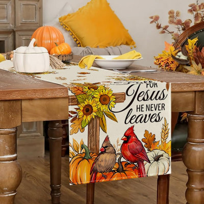 Cross Cardinal Pumpkins Fall Table Runner – Sunflower Autumn Thanksgiving Table Decor with Inspirational Seasonal Design for Home, Kitchen & Party Decorations
