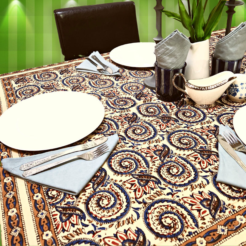 Hand-Printed Beige and Black Cotton Floral Tablecloth
