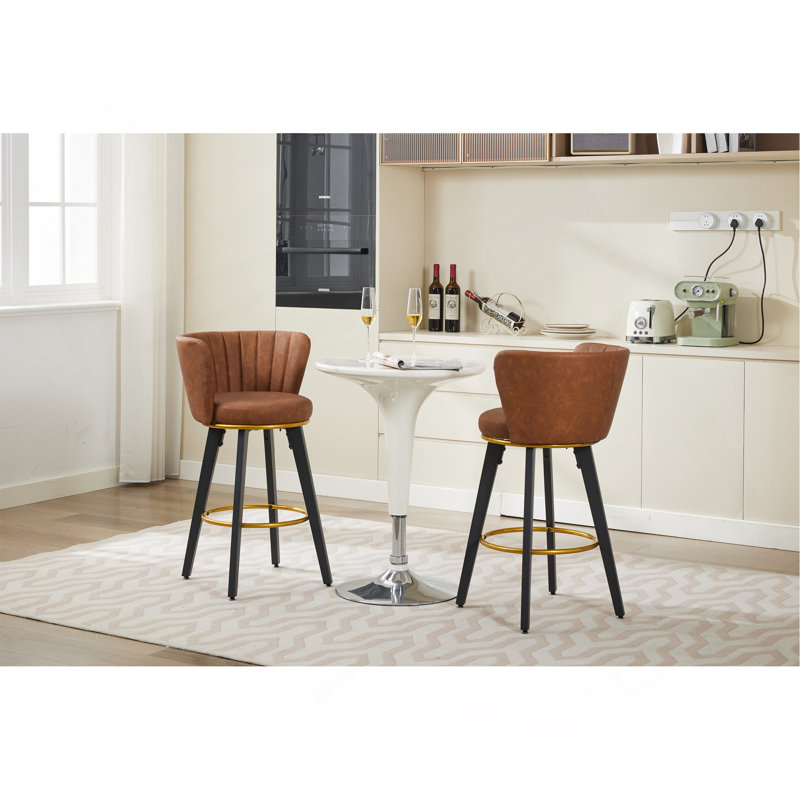 Counter Height Bar Stools Set Of 2, 360° Swivel Upholstered Barstools With Backs And Metal Legs, 26" H Seat Height, Velvet Fabric,Goldy Footrest  (BROWN)