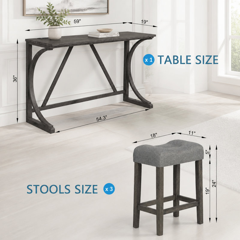 Ensemble de table de bar 4 pièces avec prise de courant, ensemble de table de bar et chaises, ensemble de table de bar avec 3 tabourets rembourrés
