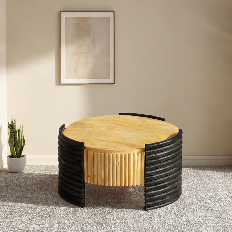 Table basse à plateau rabattable, panneau rond de 31,5 po, placage de bois naturel et panneau de fibres à densité moyenne brun foncé, compartiment caché, salon ou bureau