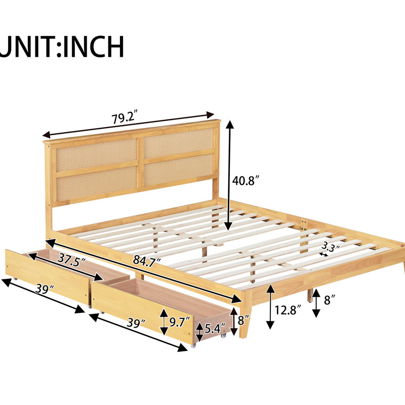 Lit très grand en chêne blanc avec tête de lit et tiroirs de rangement pour une utilisation optimale de l'espace et deux solutions pratiques