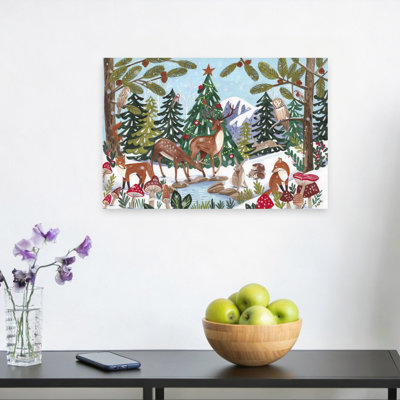 Animal Winter Scene Christmas Peaceful Abstract Contemporary Christmas Tree Deer Fox Forest Nature Wall Art Print 1 Piece Wrapped Canvas Wall Art