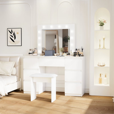 Large Vanity Table With Mirror And 3-color - Ample Storage For Hair Accessories, Construction, Contemporary Bedroom White Adjustable Lights Mirror, Abundant Furniture