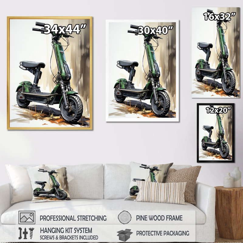 Chieu vert scooter électrique sur toile, H 32 po x l 24 po x P 1 po, Encadrement doré