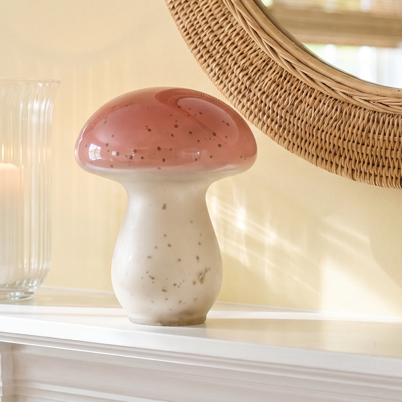 Shiny Glass Forest Mushroom, 6" H x 5" W x 5" D, White/Orange