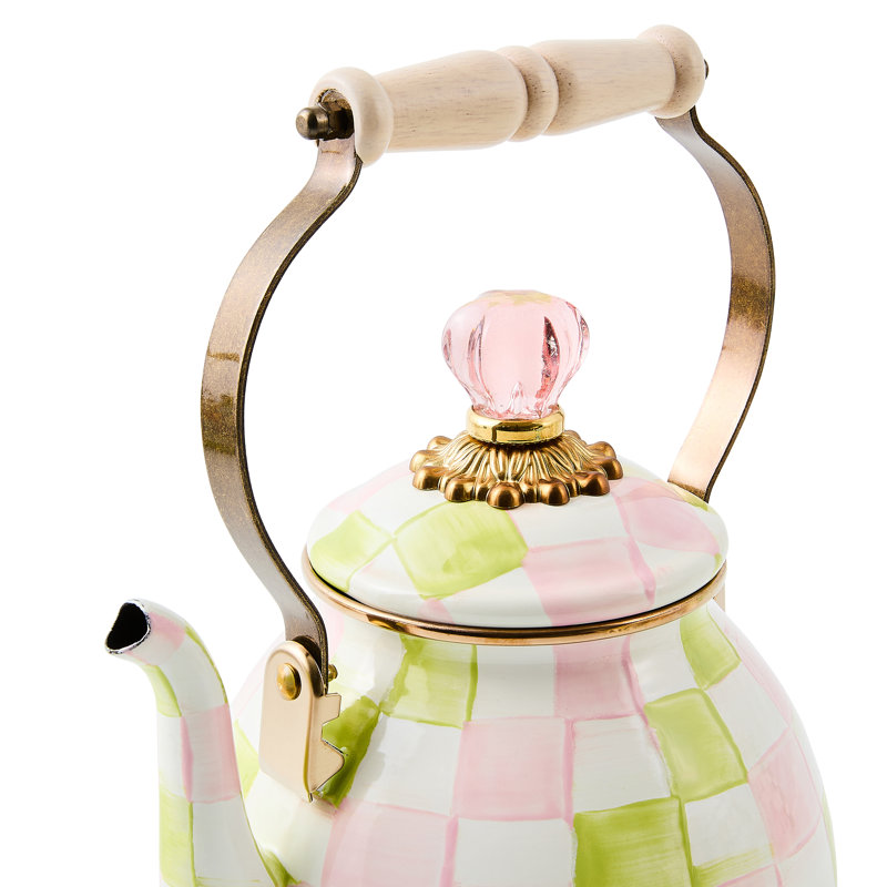 Palm Beach Check 2 Quart Tea Kettle, Pink/Green/White