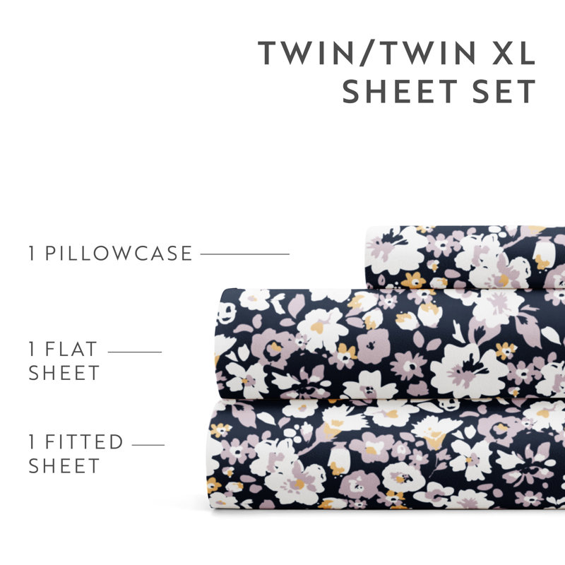 Navy Floral Full Microfiber 3-Piece Sheet Set