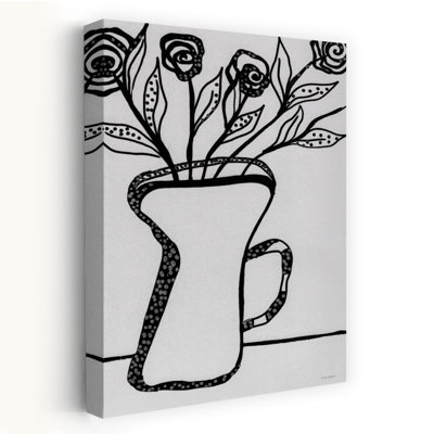 «Floral Happiness - Contemporary Modern Farmhouse Black and White Line Art Floral Illustration Stylized Roses Art»
