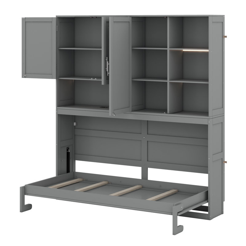 Lit escamotable avec armoire supérieure, tablettes, lit pliable peu encombrant avec éclairage et port USB, gris