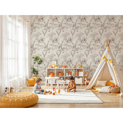 Motif de papier peint neutre pour chambre d'enfant : éléphant, girafe et ballon, motif safari.