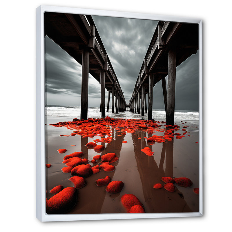 Beach Pier Perspect Black IV - Nautique et plage, art mural sur toile, L 30 po x H 40 po, Cadre flottant blanc
