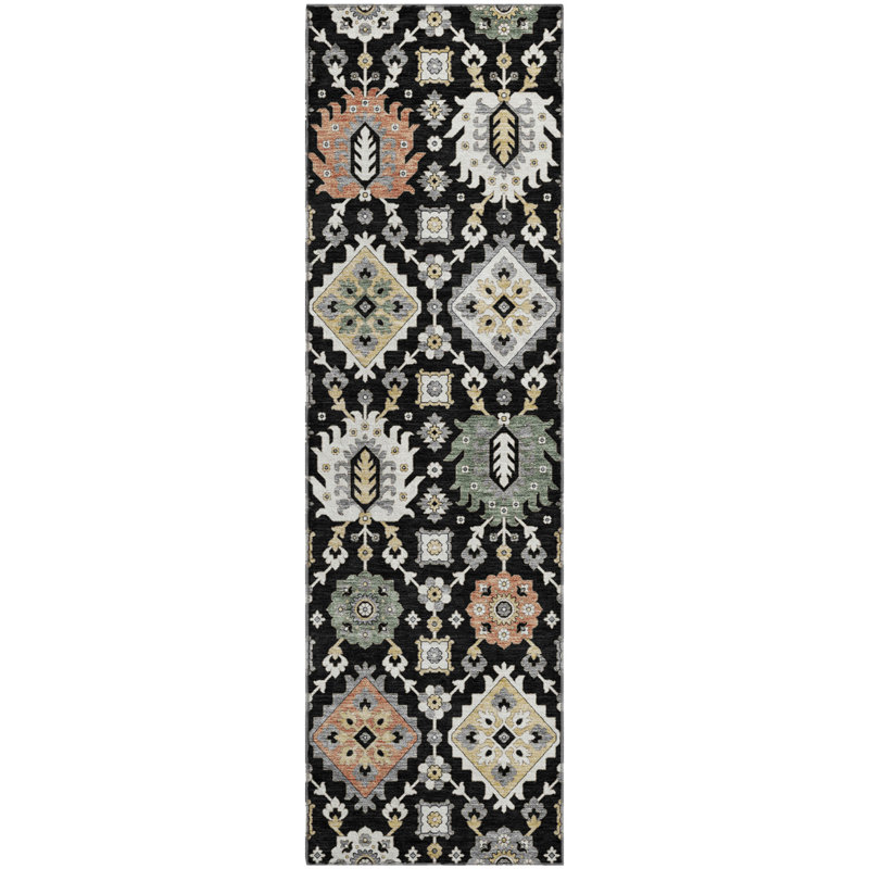 Premium Machine Washable Mayfield AMF2200 bohemian Rug, 2'3" x 7'6" Runner, Black