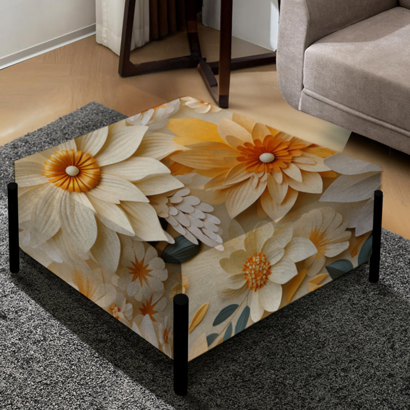 Grand repose-pieds carré blanc et beige Dahlia Floral Bloom I