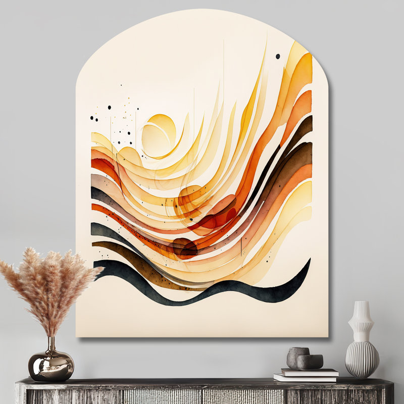 «Burnt Orange Waves Abstract IV», impression d'art asymétrique minimaliste en métal, sculpture murale en arche
