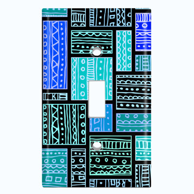 Metal Light Switch Plate Outlet Cover (Safari Pattern African Tribal Art Geometric Blue   - Single Toggle)