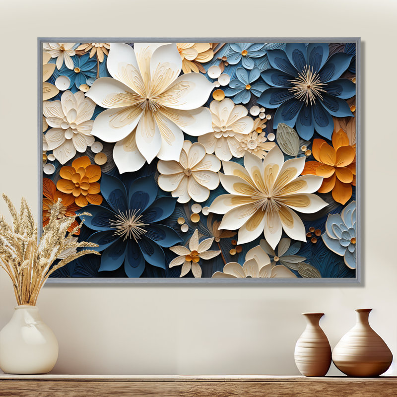«White Blue Petal Mosaics - Abstract Botanicals», impressions encadrées, H 24 po x l 32 po x P 1 po, Encadrement argenté