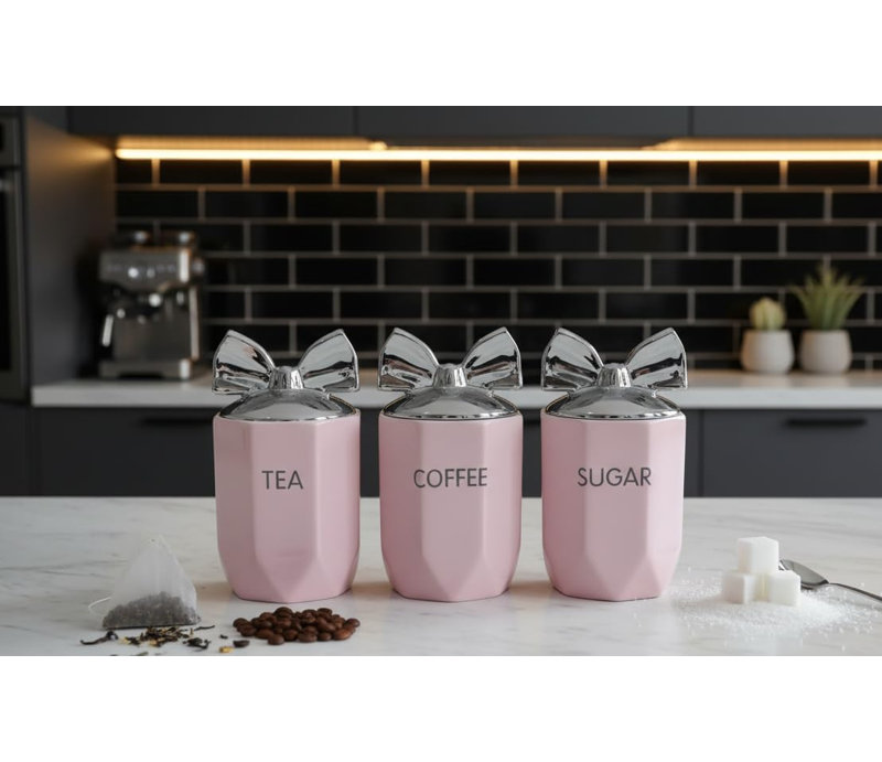 Set Of 3 Jars Silver Bow Lid Kitchen Canister Jar For Tea Coffee Sugar Storage Pots Marble Effect Home Decor Dining Table Eye-Catching Glamorous Design (GREY)