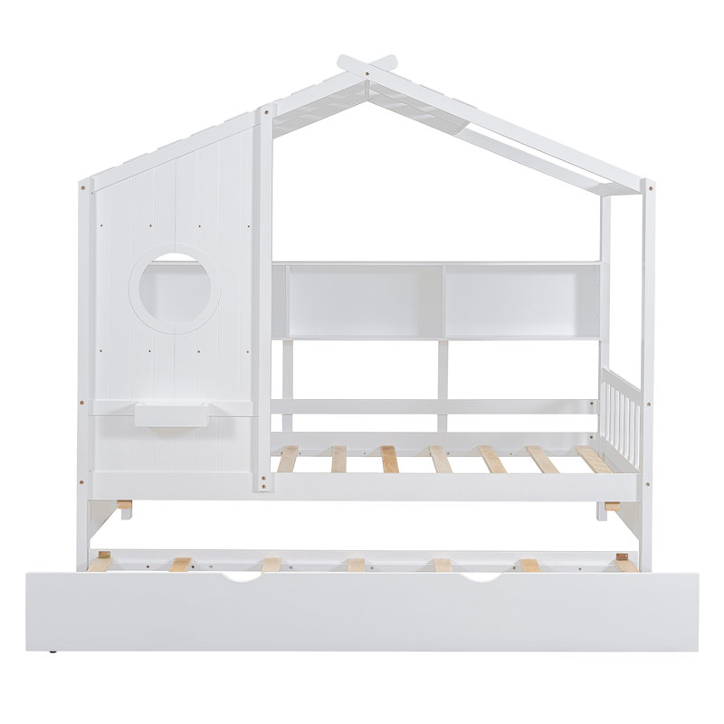 House Style Bed With Trundle And Shelves, Daybed With Roof, Twin, White