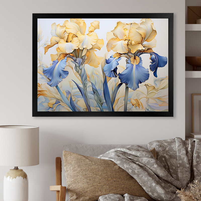 «Golden Blue Irises Melody I» sur toile, Cadre photo noir, H 24 po x l 32 po