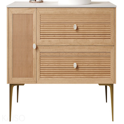 36" Freestanding Bathroom Light Oak Woodgrain Plywood Cabinet With Carrara White Sintered Stone Counter Top, Two Drawers And One Door, No Basin, No Faucet And Sink Cover