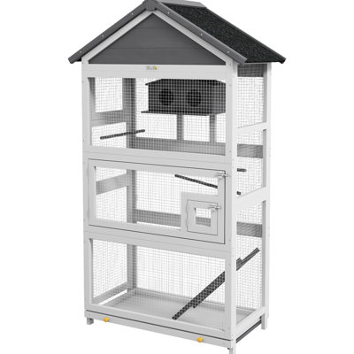 67" Wooden Outdoor Bird Aviary, Slide-Out Tray & Three Doors For Finches, Parakeets, Gray Birdhouse Aviary With And Pet Guardians' Companions