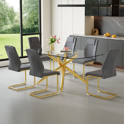 71" Modern Glass Dining Table Set With Leather Chairs — Luxury Dining Room Table Set For 6–8