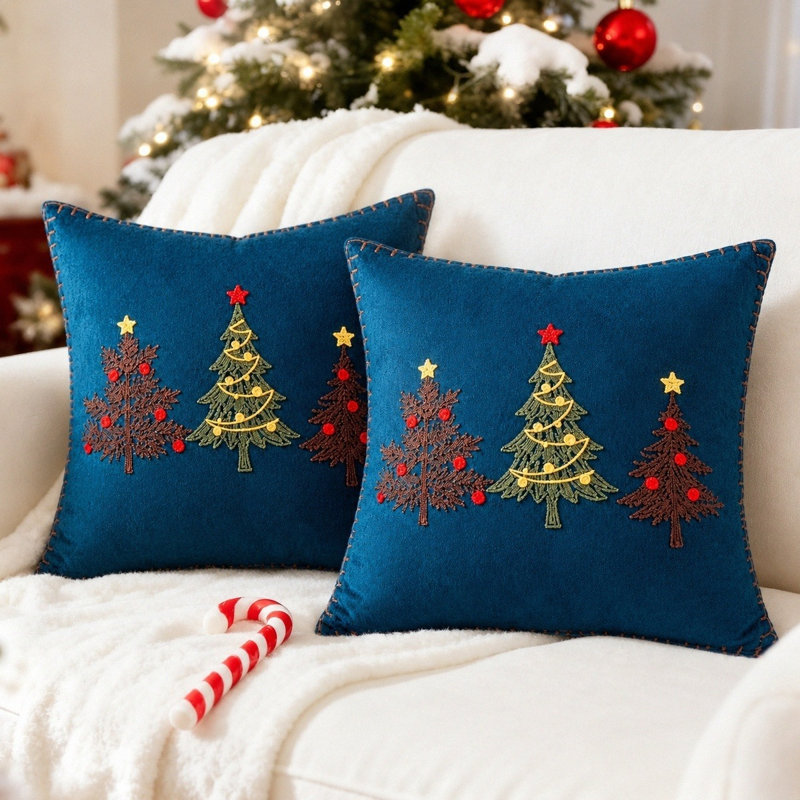 Housses de coussin décoratives en velours brodé, motif sapins de Noël, 45 x 45 cm, Bleu