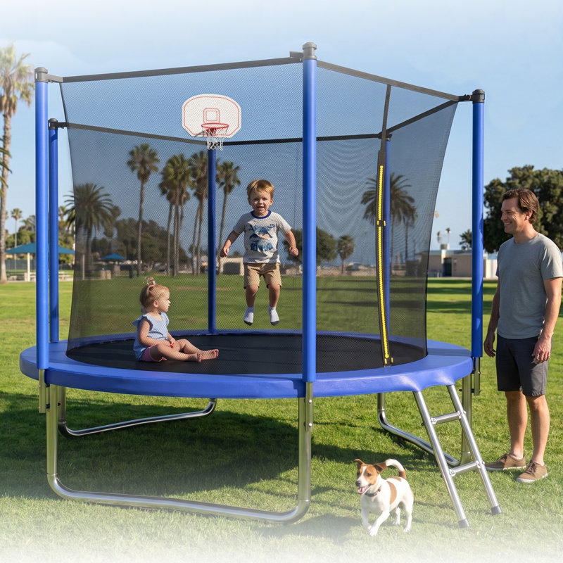 Trampoline 10 pi pour enfants, panier de basketball et échelle, trampoline pour enfants avec enceinte sécuritaire, assemblage rapide pour le plaisir dans la cour, approuvé ASTM