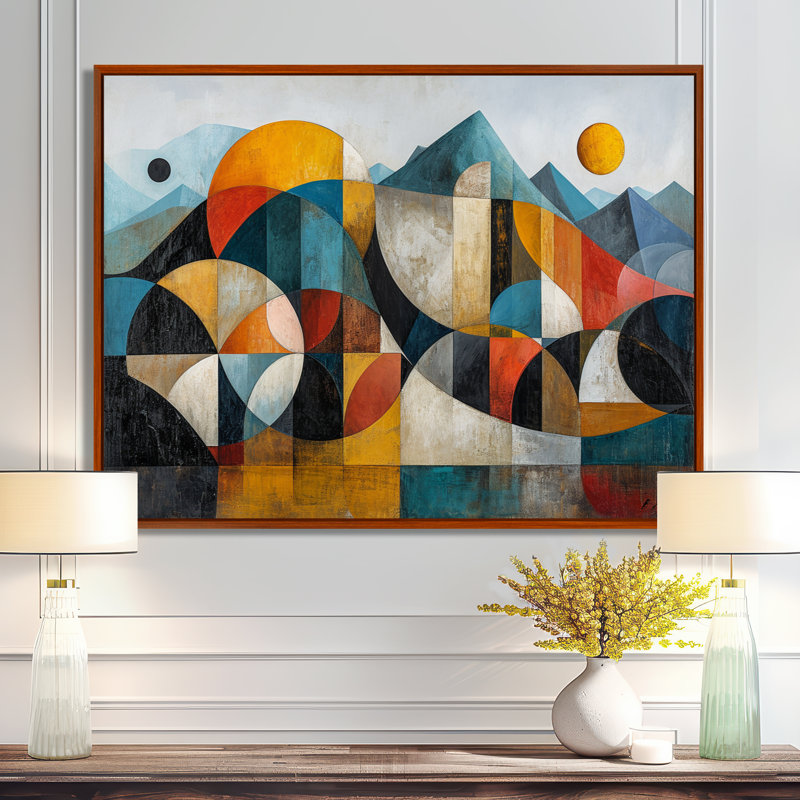 «Geometric Mountain Retro Colors - Art abstrait paysage mural», Toile avec cadre flottant brun, H 16 po x l 32 po x P 1 po