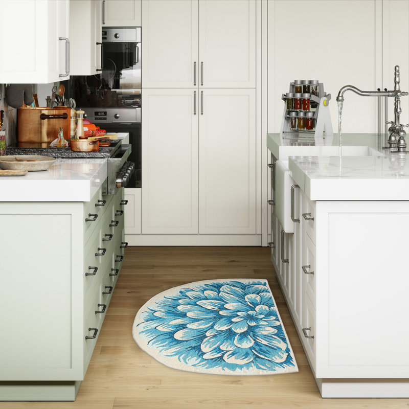 Jotavious Floral Polyester Non-Skid Kitchen Mat, Blue, Novelty 3'3" x 2'1"