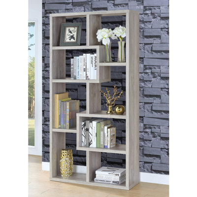 10-Shelf Geometric Bookcase In Grey Driftwood Finish