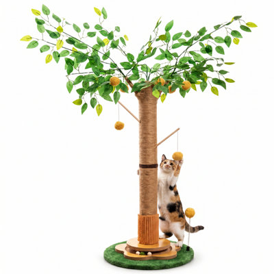 Arbre à chat de 104 cm (40,9 pouces) avec fausses feuilles vertes, poteau à griffer recouvert de sisal, circuit tournant et pompons suspendus ; tour décorative pour chats d'intérieur, idéale pour faire leurs griffes et jouer.