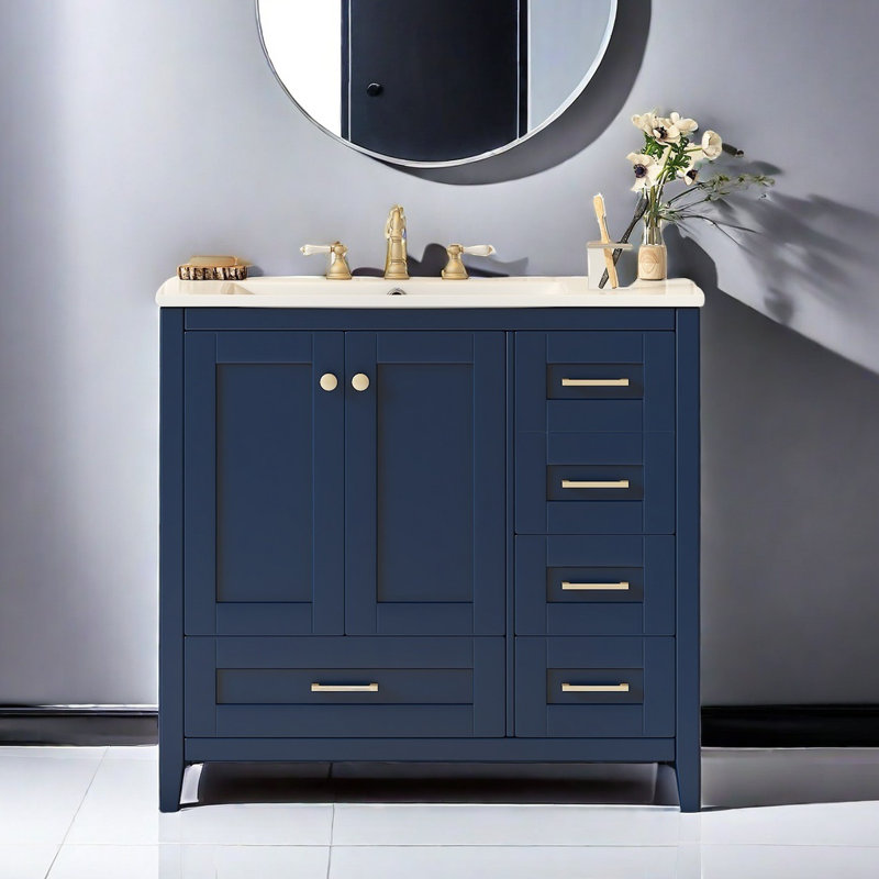 Ensemble de meuble-lavabo 36 po avec lavabo 36 po, armoire de salle de bain moderne à 4 tiroirs, ensemble de meuble-lavabo autoportant en bois avec pieds en bois massif, bleu