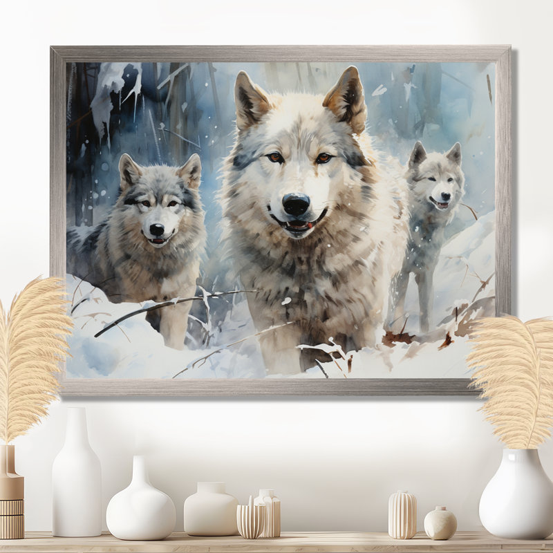 Neige loups en hiver III - loup, art mural, Cadre flottant doré, H 12 po x l 20 po x P 1 po